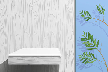 Wooden shelf on wooden wall and green plant in the room. White textured empty 3d podium for product. Realistic wood texture.
