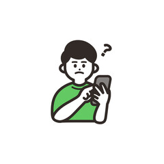 疑問に思いながら携帯を使用する男性　green