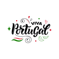 Viva Portugal handwritten text (Long Live Portugal) in Portuguese for holiday celebration on June 10. Vector illustration for banner, poster, greeting card. Modern brush calligraphy. Hand lettering