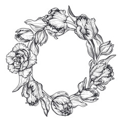 Beautiful hand drawn vector wreath with black and white tulip flowers