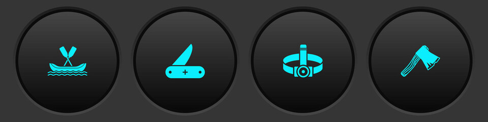 Set Rafting boat, Swiss army knife, Head flashlight and Old wooden axe icon. Vector
