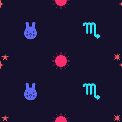 Set Scorpio zodiac, Rabbit, Sun and Falling star on seamless pattern. Vector