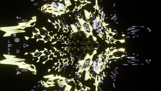 Glowing lighting triangle parts swirling around glass sphere on black background. 3D render absrtact background. Seamless loop