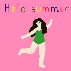 Cute concept summer card with happy running woman wearing a swimsuit and quote - Hello summer. Pink background. Body positive and love. Proud for large physique.  Flat style in vector illustration