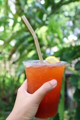 Hand holding a glass of ice lemon tea, favorite soft drink in outdoor summer party. Soft focus.