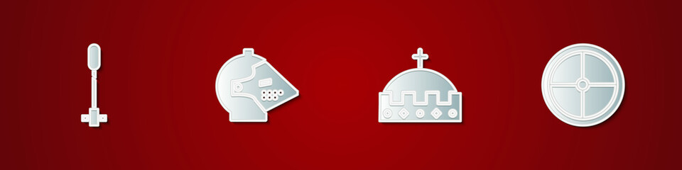 Set Torch flame, Medieval iron helmet, King crown and Round wooden shield icon. Vector