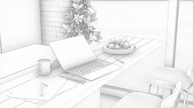 3d Illustration. A sketch, a workplace in the kitchen behind the bar, with a computer and coffee.