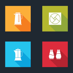 Set Kettle with handle, Ventilation, French press and Salt pepper icon. Vector