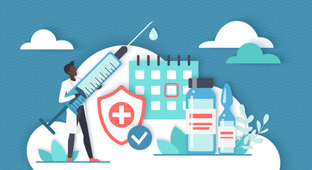 Plan of vaccination. Tiny doctor with vaccine syringe and time of inoculation in calendar, shield to ptotect health from viruses and bacteria flat vector illustration. Medical protection concept
