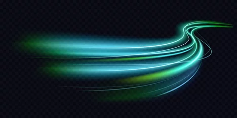 Foto auf Acrylglas Abstract green blue wave light effect in perspective vector illustration. Magic luminous azure glow design element on dark background, flash luminosity, abstract neon motion glowing wavy lines © lembergvector