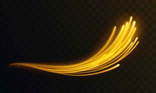 Golden Yellow Energy Glowing Motion Lines, Waves, Curved Shining Abstract Light Effect Vector Illustration. Magic Speed Flying Trails Of Shine, Bright Shimmer Particles Fly Transparent Dark Background