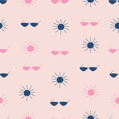 Sun and sunglasses hand drawn vector illustration. Colorful summer seamless pattern for kids fabric or wallpaper.