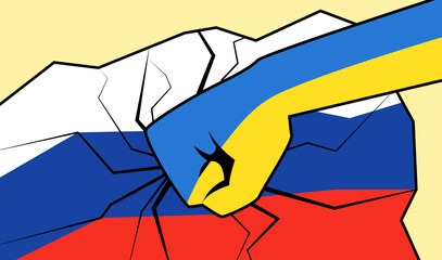 Strong fist strike in national yellow blue colors on Russian flag. Fight and unity of Ukrainian army and citizens against war violence flat vector illustration. Patriotism, victory, freedom concept