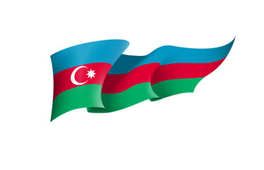 Azerbaijan flag state symbol isolated on background national banner. Greeting card National Independence Day of the Republic of Azerbaijan. Illustration banner with realistic state flag.
