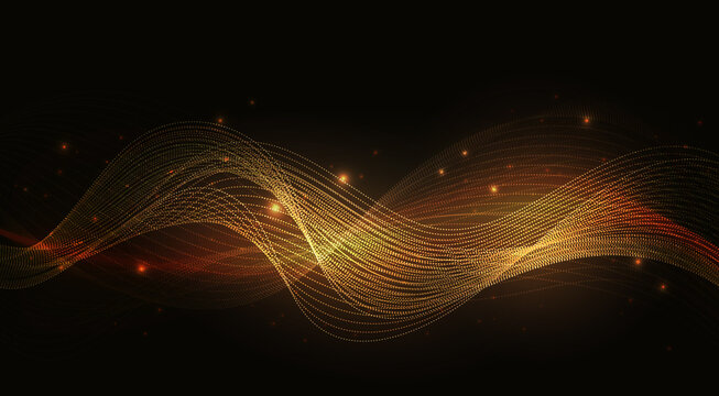 Luminous Energy Golden Yellow Waves, Abstract Light Shine Effect Vector Illustration. Magic Shining Wind With Glowing Sparkles Particles, Wavy Speed Lines Energy Glow Isolated On Dark Black Background