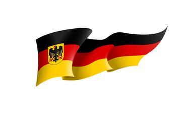 Obraz premium Germany flag state symbol isolated on background national banner. Greeting card National Independence Day of the Federal Republic of Germany. Illustration banner with realistic state flag of FRG.