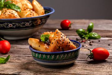 Traditional Indian cuisine samosas baked pastry with savoury filling, popular Indian snacks with...