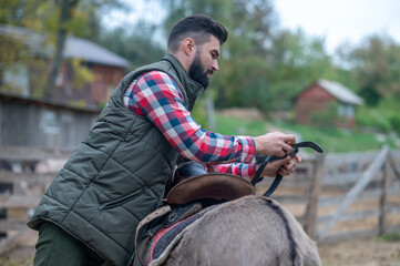 A man in plaid shirt working on cattle-farm