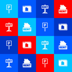 Set Parking, Online real estate house, Hanging sign with Rent and icon. Vector