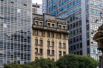 architectural details of the facade of the Glória Building, seen from downtown São Paulo, SP,...
