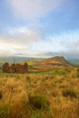 Digital oil painting of Hen Cloud at sunrise. The Roaches, Staffordshire, Peak District, UK.