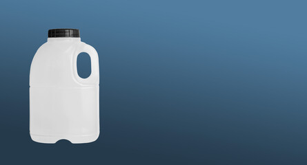 A white plastic canister with a black cork on a blue background.