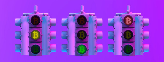 Bitcoin traffic light set on a neon background. 3d image.