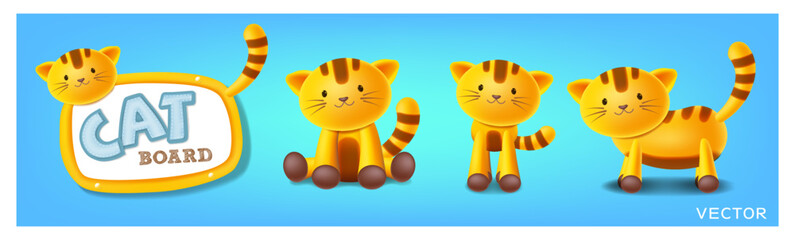 Cat board set, cat on blackboard, standing, sitting and in different poses, vector illustration