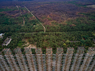 Aerial view of Former remains of Duga radar system in abandoned military base in Chernobyl...