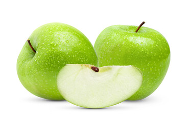 Green Apple on White Background with water drop
