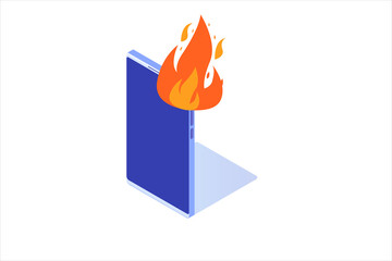 Smartphone in fire flame. Information attack, fakes news, online noise concept. Vector illustration.