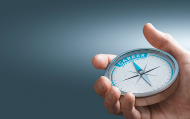 Hand holding compass with needle pointing the text career opportunity over blue background. Composite image between a 3d illustration and a photography. - 506640105