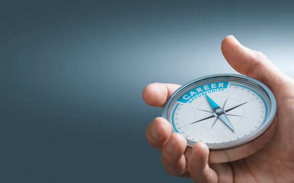 Hand holding compass with needle pointing the text career opportunity over blue background. Composite image between a 3d illustration and a photography.