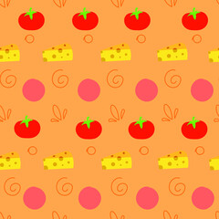 Pattern with tomatoes, sausage and cheese on an orange background with patterns. Beautiful pattern on an orange background. Delicious food