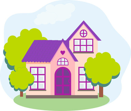 House in the woods. Purple cartoon house look with blue cloudy sky. Vector illustration of facade construction.