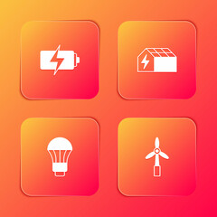 Set Battery, Solar energy panel, LED light bulb and Wind turbine icon. Vector