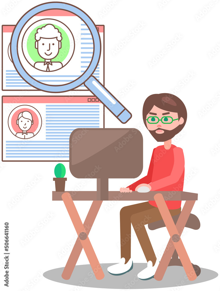 Poster man looking at user profiles in social network. male character with magnifier analyses list of virtu