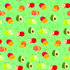 Fruit pattern. Orange, avocado, pear, banana, apple, peach and mango on a green background. Green background. Juicy fruits. Colorful fruit pattern. Green Pattern