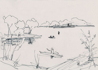 sketch, kayaks on the lake