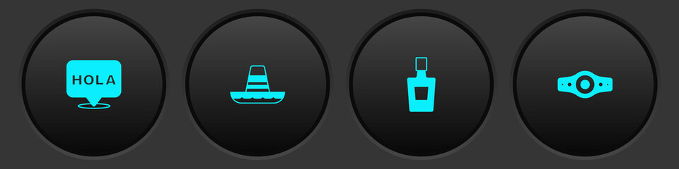 Set Hola, Mexican sombrero, Tequila bottle and Wrestling championship belt icon. Vector © vector_v