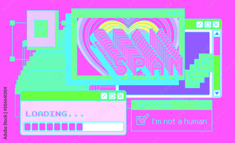 Poster Composition of interface elements: window boxes and tabs on a pink background.  The concept of a glitchy screen with spam messages.