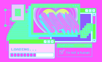 Composition of interface elements: window boxes and tabs on a pink background.  The concept of a glitchy screen with spam messages.
