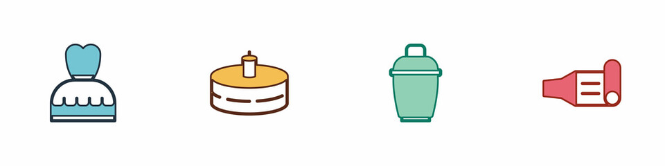 Set Woman dress, Cake with burning candles, Cocktail shaker and Birthday party horn icon. Vector