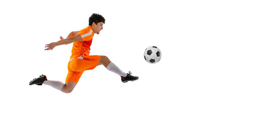 Fototapeta na wymiar Professional football, soccer player in motion isolated on white studio background. Concept of sport, match, active lifestyle, goal and hobby