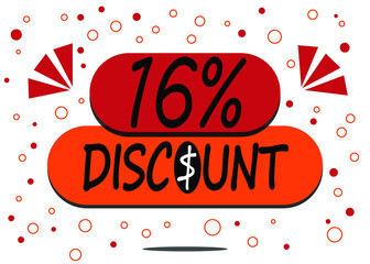 16% percent discount label isolated on white background. Special promo off price reduction badge vector illustration in red and orange.