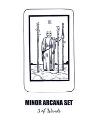 Tarot set. Vector hand drawn  Minor Arcana . 3of Wands 