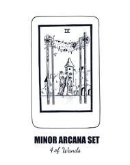 Tarot set. Vector hand drawn  Minor Arcana . 4 of Wands 