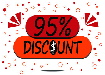 95% percent discount label isolated on white background. Special promo off price reduction badge vector illustration in red and orange.
