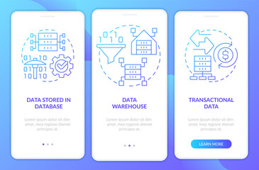 Types of data to mine blue gradient onboarding mobile app screen. IoT walkthrough 3 steps graphic instructions pages with linear concepts. UI, UX, GUI template. Myriad Pro-Bold, Regular fonts used