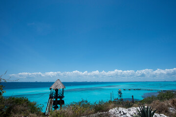 Panoramic view of the Garrafon Marine Natural Park of Isla Mujeres in Mexico